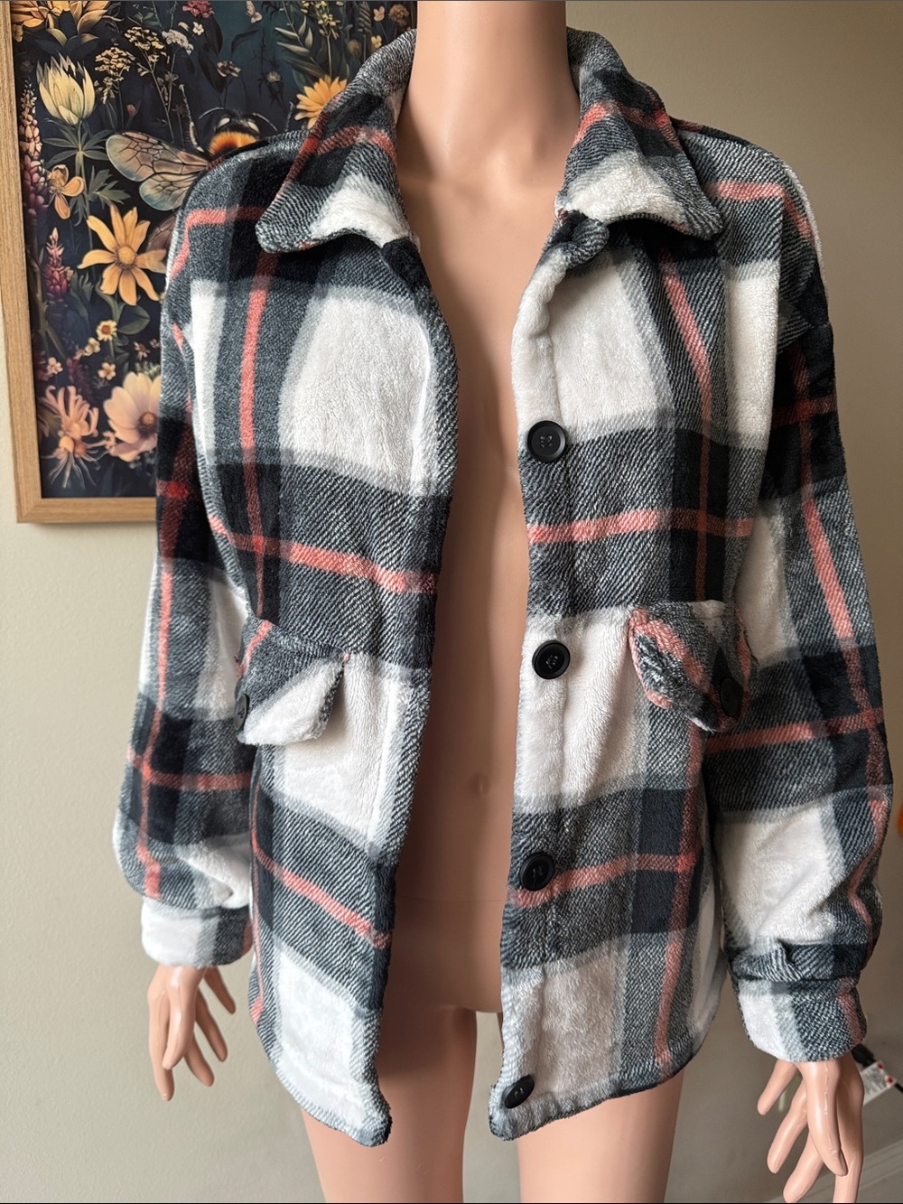 SHEIN Black, White & Pink Plaid Teddy Shacket